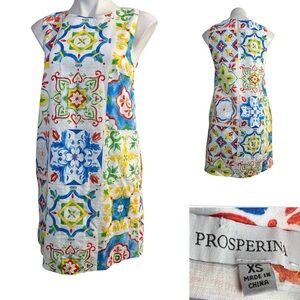 Prosperina Catania Sicilian Tile Print‎ Shift Dress xs sleeveless linen blend